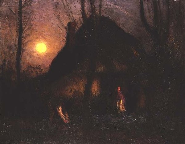 Cottage bij maanlicht door George Clausen