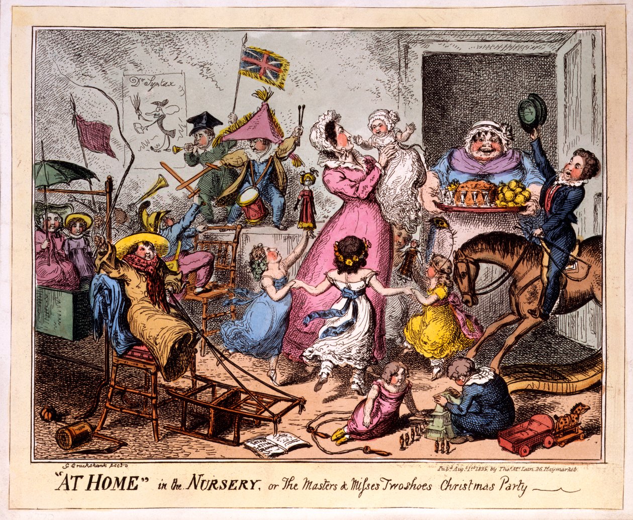 THUIS in de KINDERKAMER, of Het kerstfeest van de meesters en juffrouwen twee schoenen, 1835 door George Cruikshank