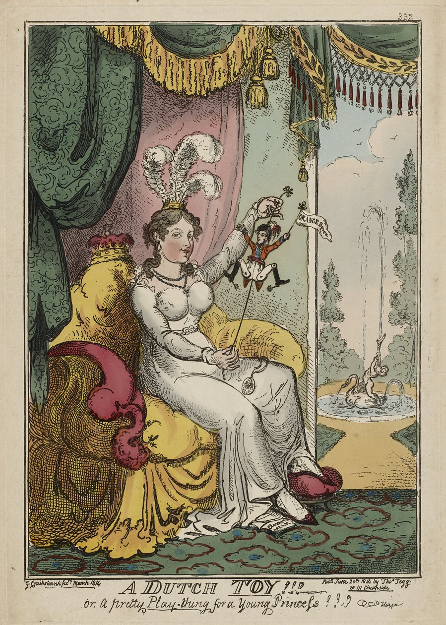 Een Nederlands speeltje!!! of, Een mooi speeltje voor een jonge prinses!!! Hoera, maart 1814, gepubliceerd 20 juni door George Cruikshank