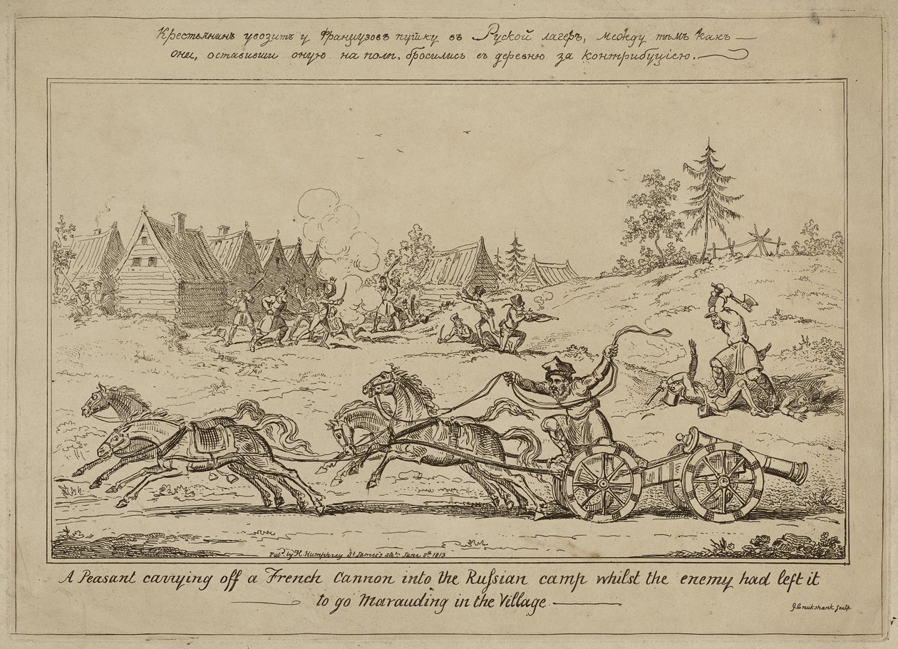 Een boer die een Frans kanon naar het Russische kamp brengt terwijl de vijand het dorp plundert, gepubliceerd op 8 juni 1813 door George Cruikshank