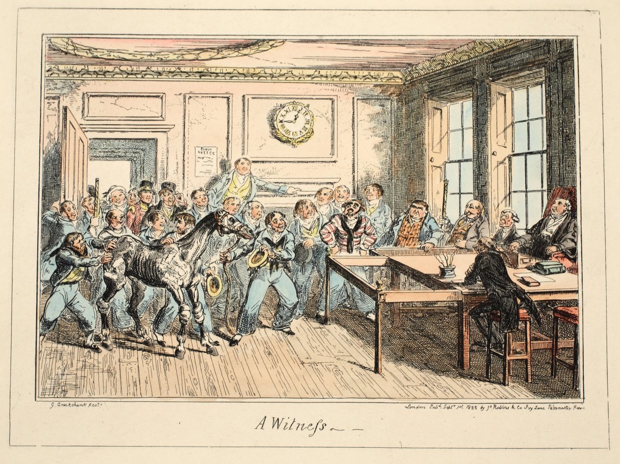 Een getuige, uit Greenwich Hospital, een serie maritieme schetsen, beschrijvend het leven van een marineman, uitgegeven 1825 door George Cruikshank
