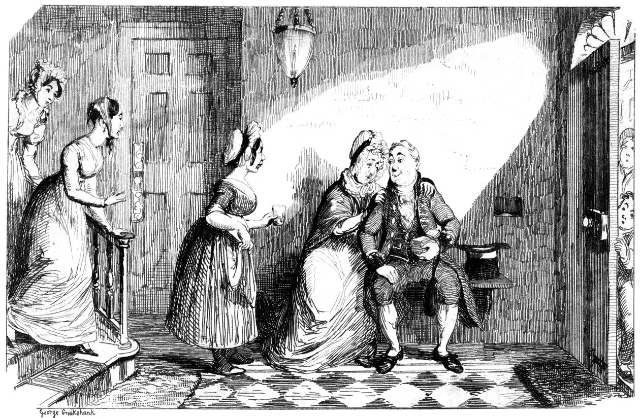 Een aantal vrouwen zorgen voor een zieke man, 19e eeuw door George Cruikshank