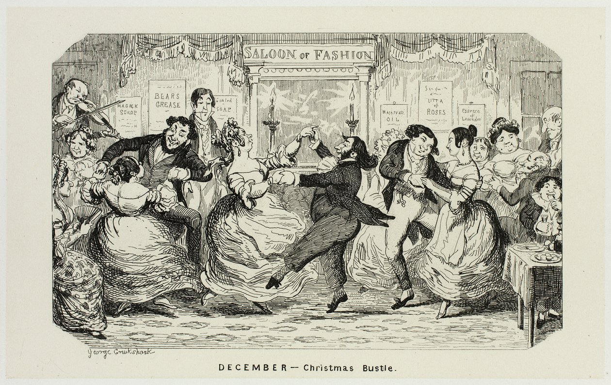 December - Christmas Bustle uit de Steel Etchings van George Cruikshank voor de Comic Almanacks: 1835-1853 door George Cruikshank