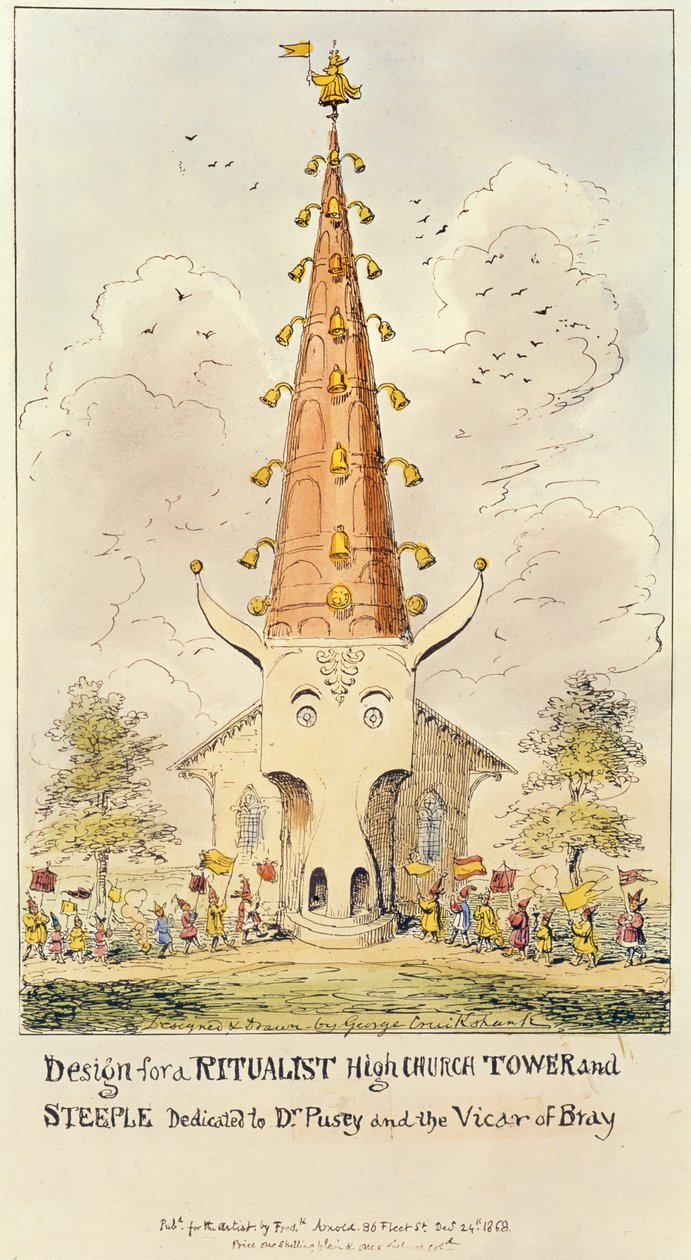 Ontwerp voor een Ritualistische Hoge Kerk Toren en Spits, opgedragen aan Dr. Pusey en de Pastoor van Bray, 1868 door George Cruikshank