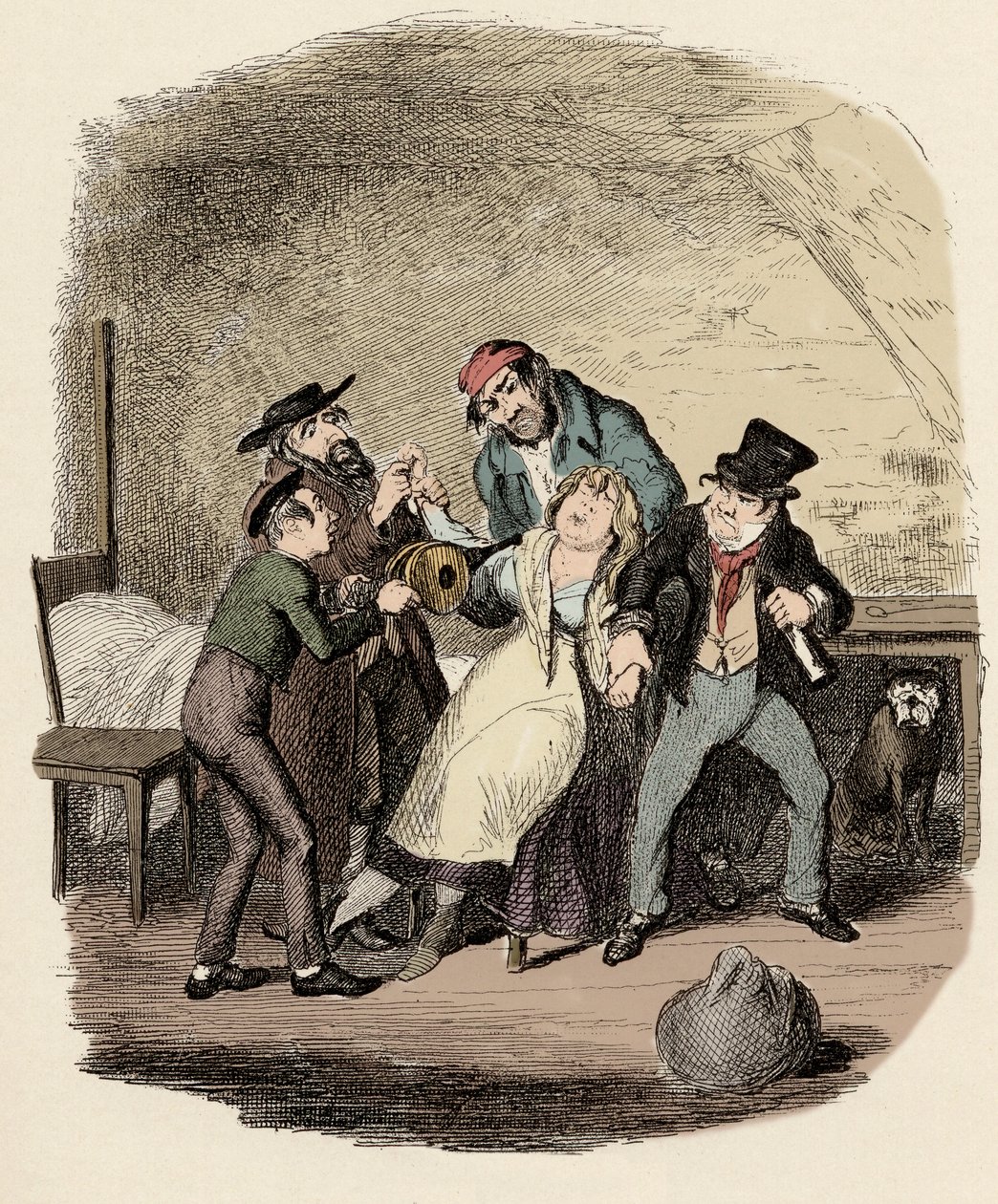 Fagin, Charley Bates, Kikes en Dawkins reanimeren Nancy - Meneer Fagin en zijn leerling reanimeren Nancy - Illustratie voor 