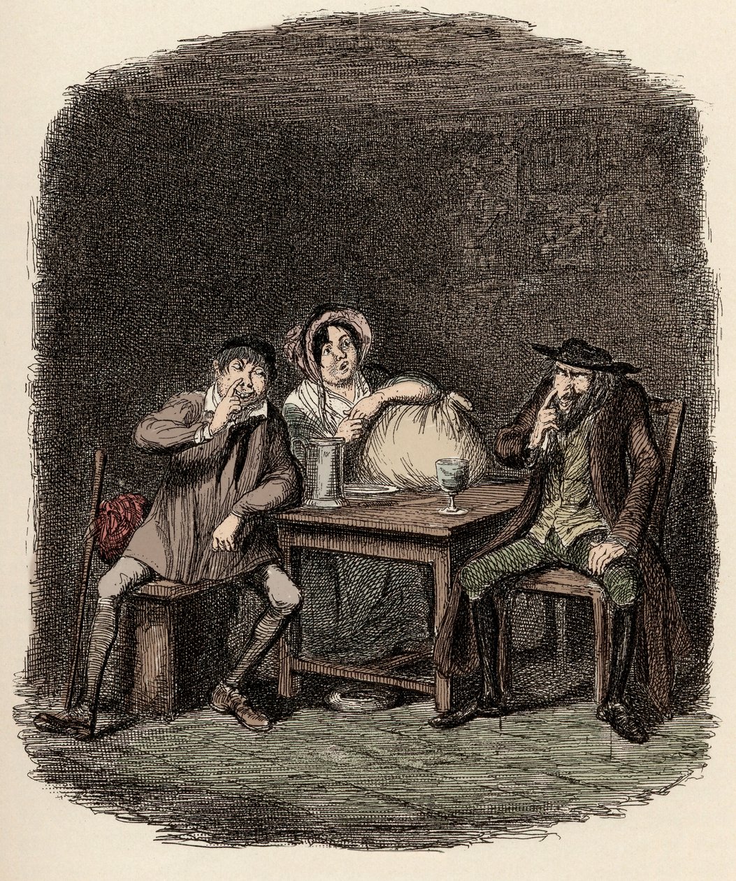Fagin die zaken doet met Morris Bolter, alias Noe Claypole, en Charlotte - De Jood en Morris Bolter beginnen elkaar te begrijpen - Illustratie voor "Oliver Twist" door Charles Dickens door George Cruikshank