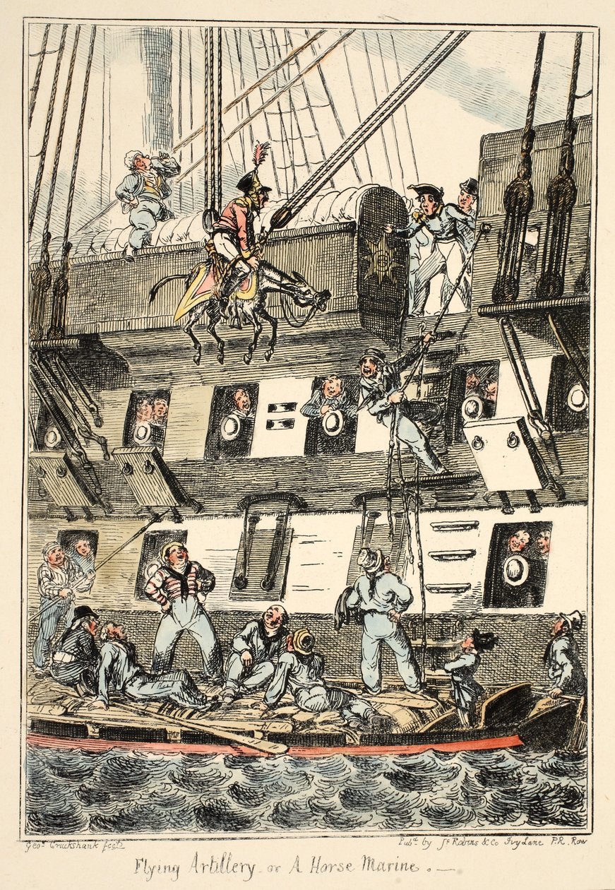 Vliegende artillerie of een paardmarinier, uit Greenwich Hospital, een serie maritieme schetsen, beschrijvend het leven van een marineman, uitgegeven 1826 door George Cruikshank