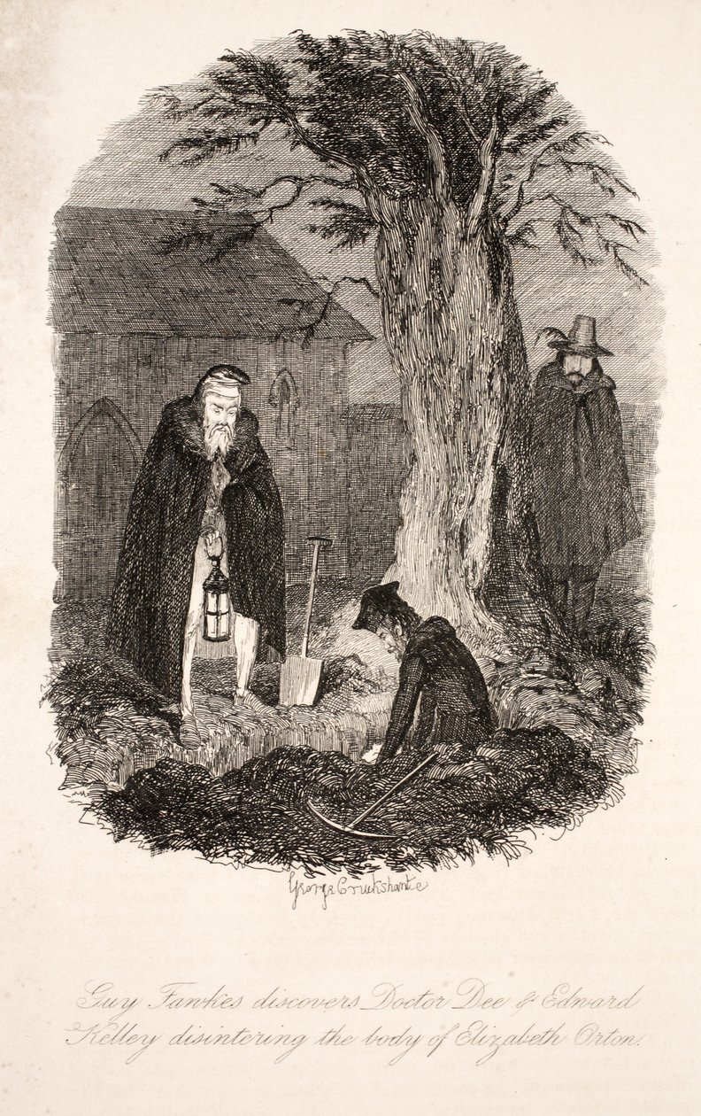 Guy Fawkes ontdekt Doctor Dee & Edward Kelley die het lichaam van Elizabeth Orton opgraven, illustratie uit Guy Fawkes, of het Buskruitverraad: een Historische Romance, door William Harrison Ainsworth door George Cruikshank