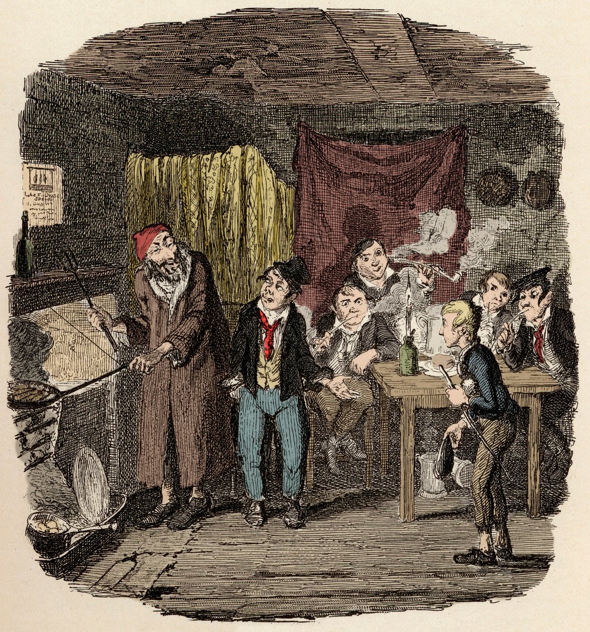 In Londen, Jack Dawkins genaamd de Vos presenteert Oliver aan Fagin en zijn team van misdadigers - Oliver geïntroduceerd aan de respectabele oude heer - Illustratie voor 