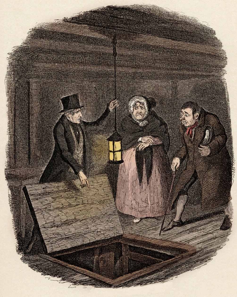 In aanwezigheid van Monsieur Bumble en Madame Corney vernietigt Monks het medaillon van Oliver Twist - Het bewijs vernietigd - Illustratie voor 