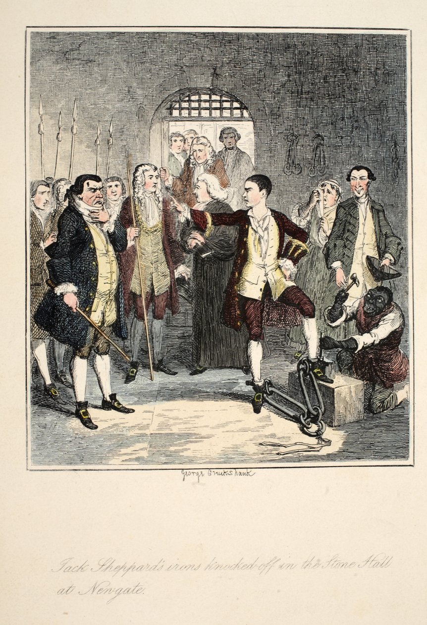 Jack Sheppards kettingen worden afgebroken in de Stone Hall in Newgate, illustratie uit Jack Sheppard: A Romance door William Harrison Ainsworth, uitgegeven 1839 door George Cruikshank