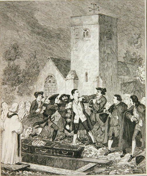 Jonathan Wild grijpt Jack bij de begrafenis van zijn moeder op het kerkhof van Willesden, illustratie uit 