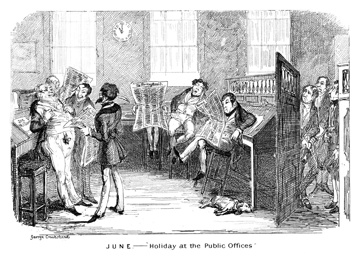 Juni - Vakantie bij de Openbare Kantoren, ca. 1836 door George Cruikshank