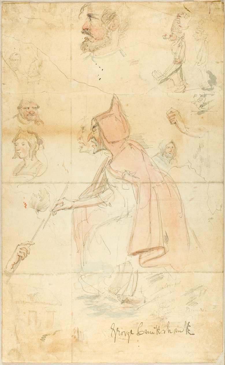 Moeder Shipton (recto); Blad met schetsen: Fleur-de-Lis en figuren (verso) door George Cruikshank