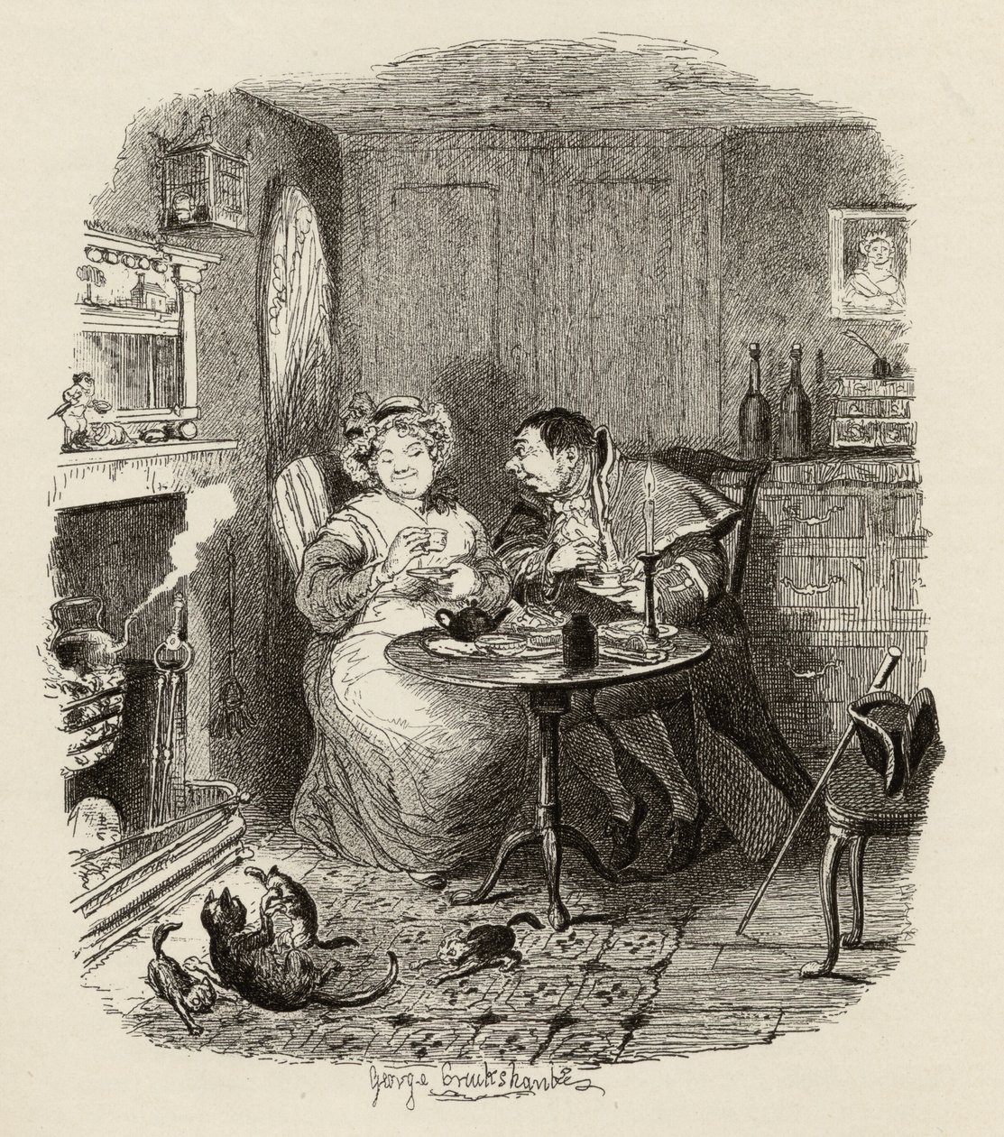 Mr Bumble en Mrs Corney drinken thee, uit 