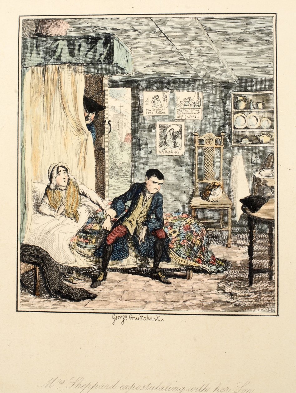 Mevrouw Sheppard spreekt haar zoon aan, illustratie uit Jack Sheppard: Een Romance door William Harrison Ainsworth, gepubliceerd 1839 door George Cruikshank