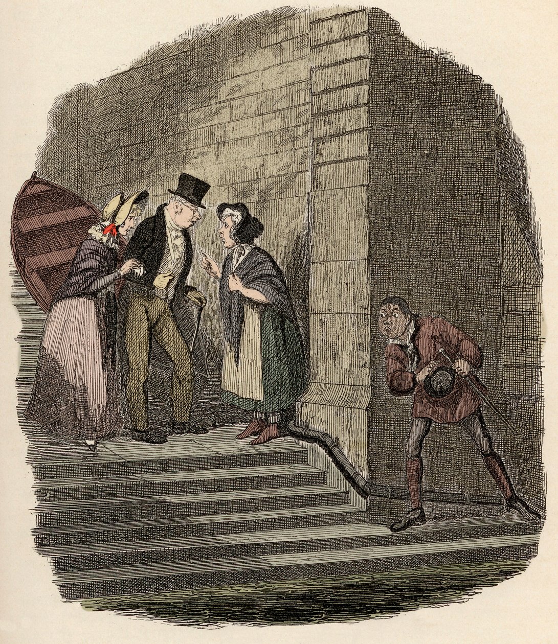 Noah Claypole bespioneert de geheime afspraak tussen Mr. Brownlow, Rose Maylie en Nancy - De ontmoeting - Illustratie voor 