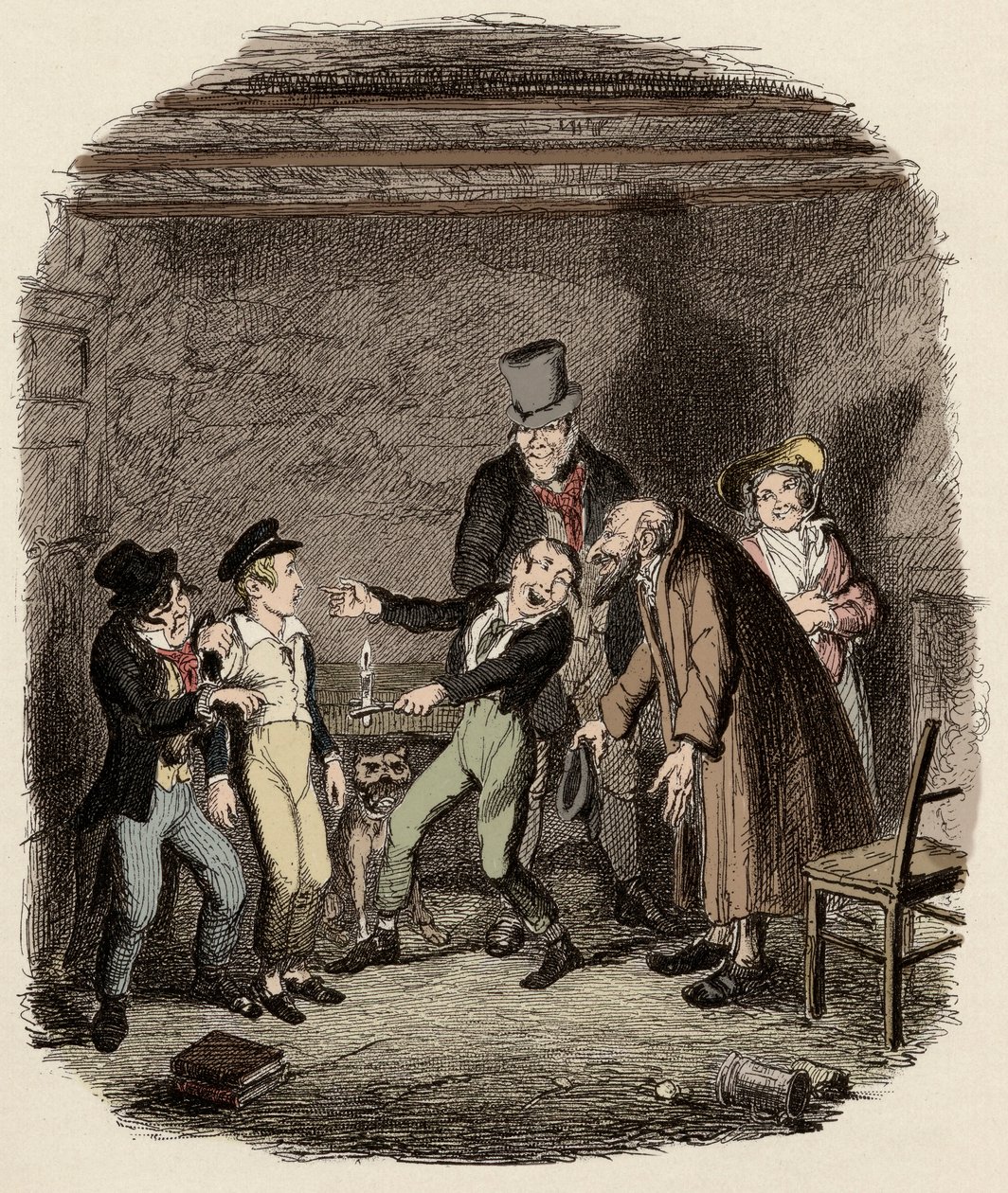 Oliver Twist ontvangen door oude Fagin en zijn team - Oliver ontvangst door Fagin en de jongens - Illustratie voor 