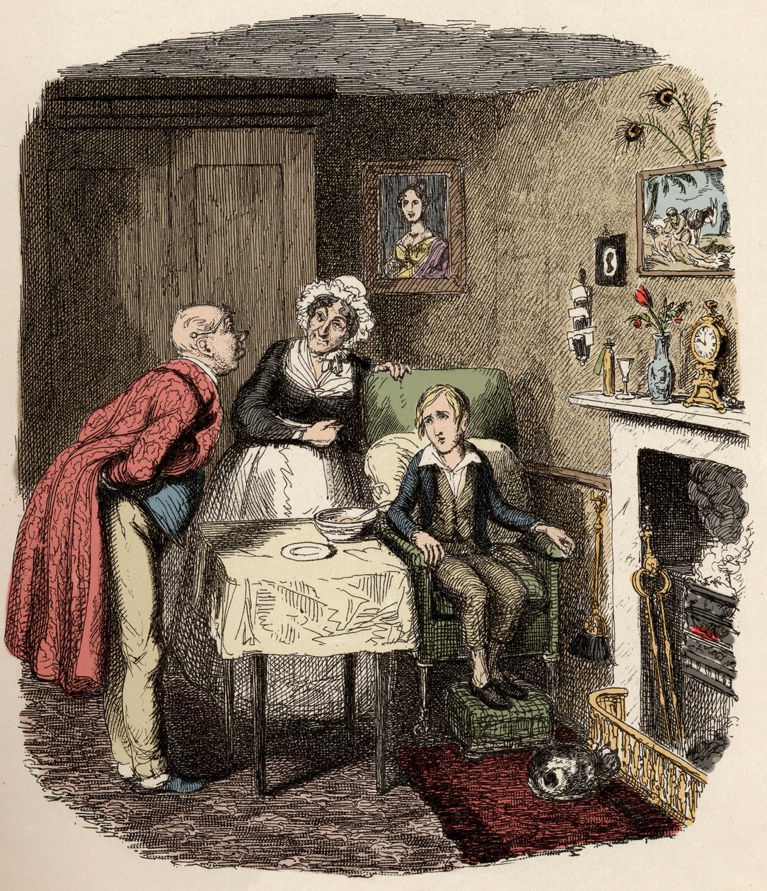 Oliver wordt opgevangen en verzorgd door Mr. Brownlow en zijn huishoudster Mrs. Bedwin (illustratie voor 