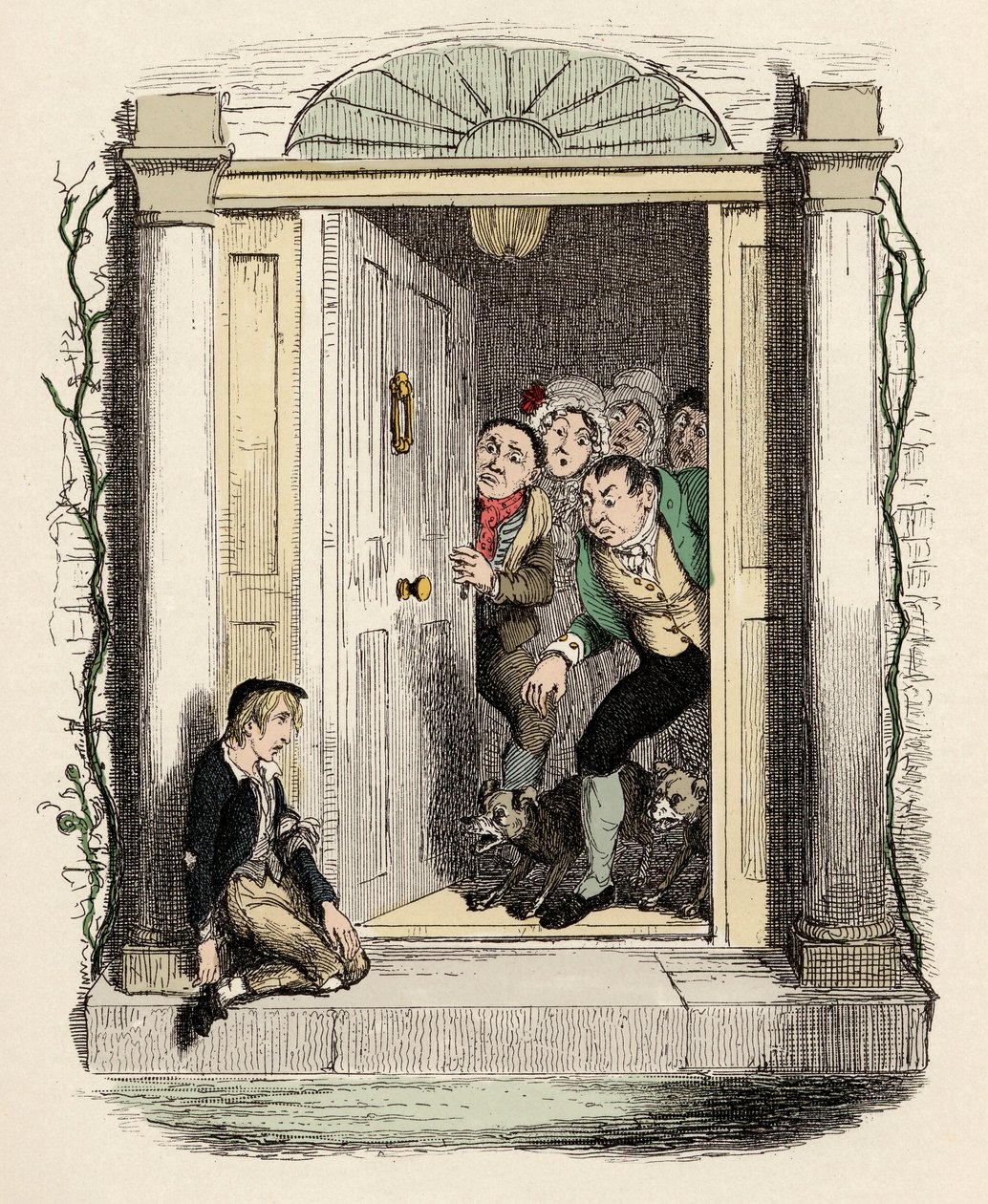 Oliver gewond en uitgeput vraagt om hulp - Oliver Twist bij de deur van mevrouw Maylie - Illustratie voor 
