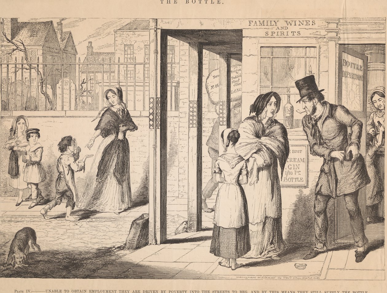 Plaat IV: Omdat ze geen werk kunnen vinden, worden ze door armoede de straat op gedreven om te bedelen door George Cruikshank