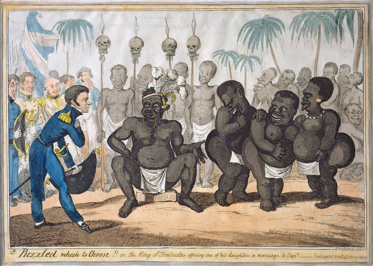 "Verward Welke te Kiezen!!, of De Koning van Tombuctoe die een van zijn Dochters Aanbiedt in Huwelijk aan Kapitein", naar Kapitein E. Judel, uitgegeven door G. Humphrey door George Cruikshank