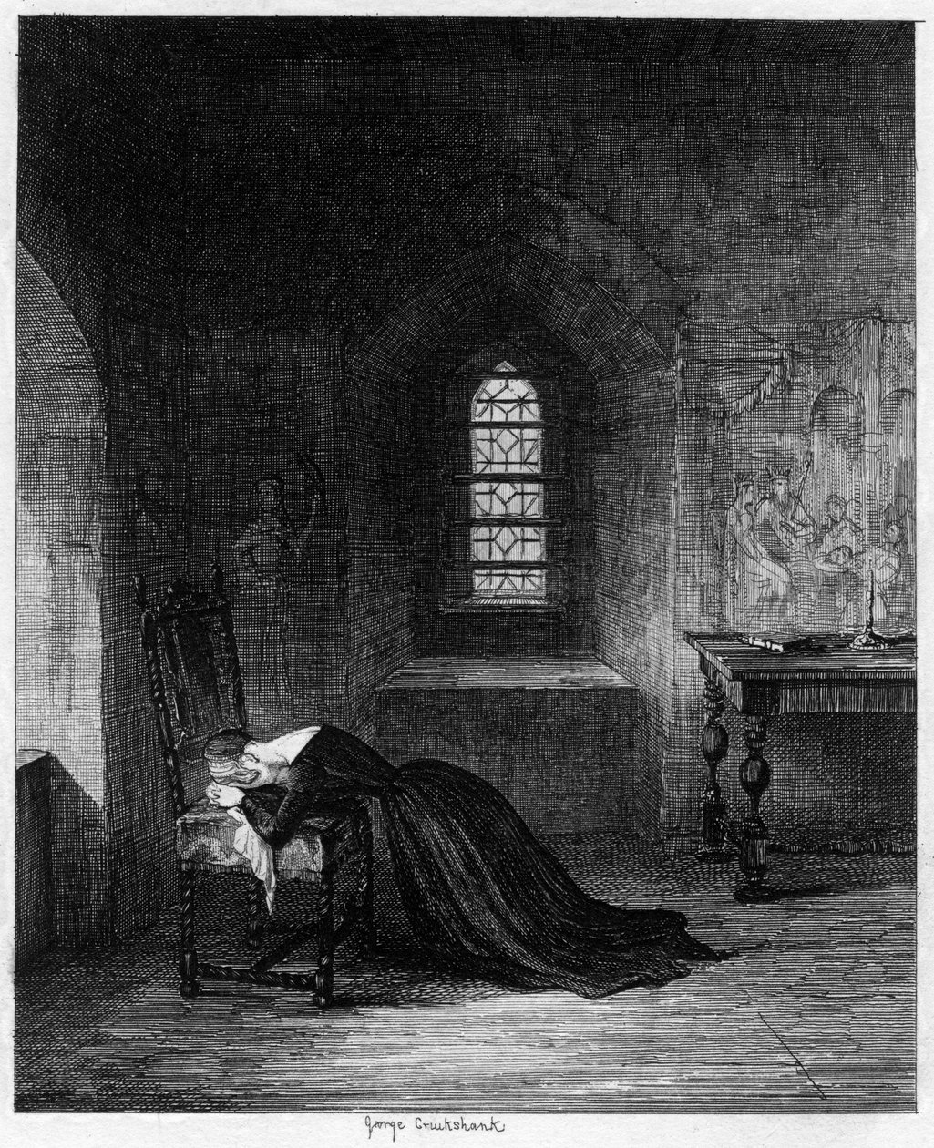 Koningin Jane opgesloten in de Brick Tower, Tower of London, 1553-1554, 1840 door George Cruikshank