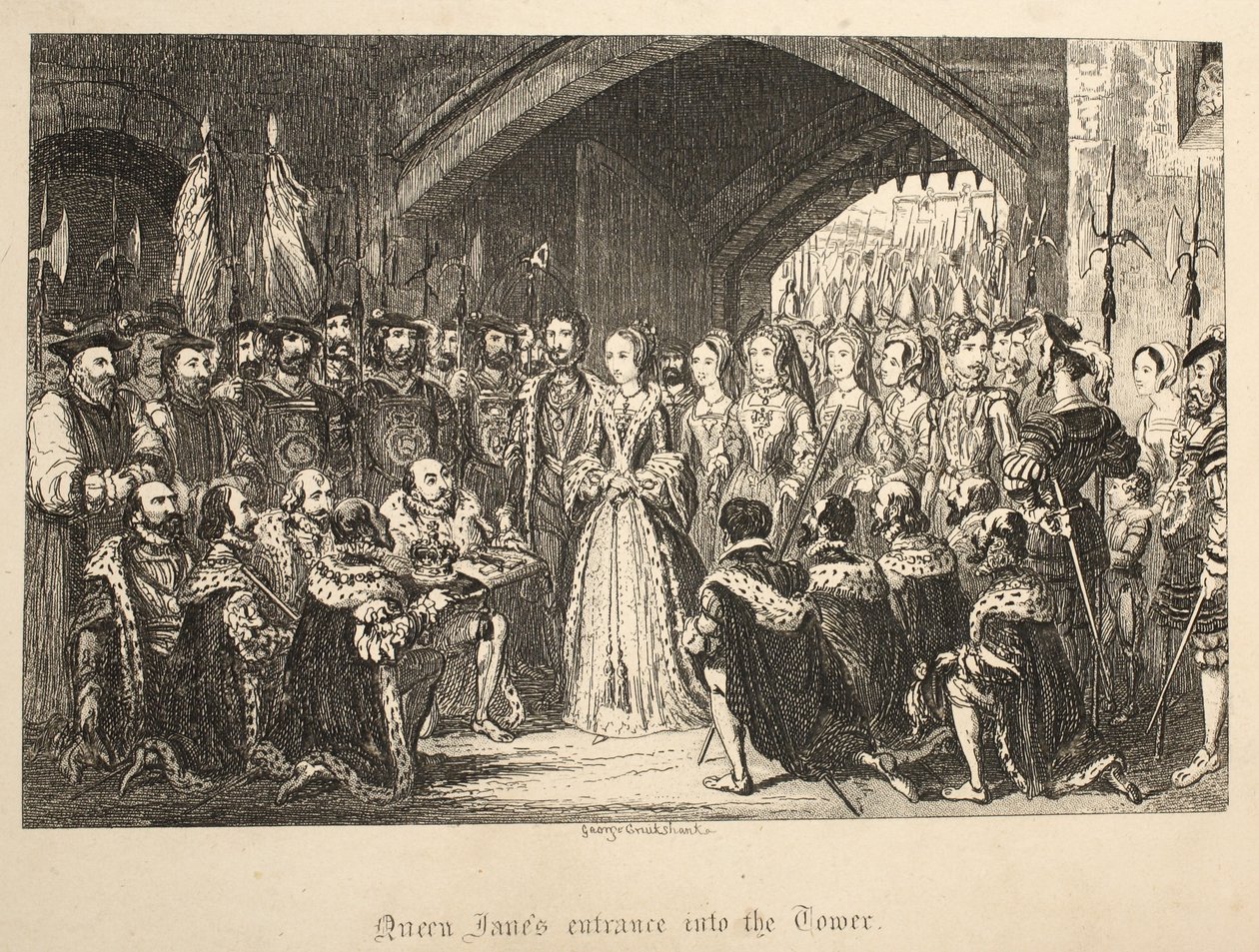 Koningin Janes entree in de toren, uit The Tower of London, gepubliceerd 1840 door George Cruikshank