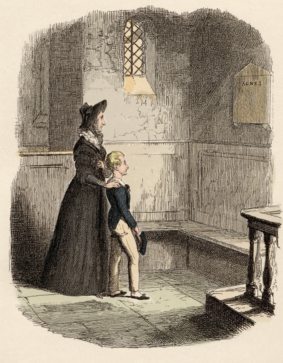 Rose Maylie en Oliver voor de gedenkplaat van Agnes, hun zus en moeder - Rose Maylie en Oliver - Illustratie voor 
