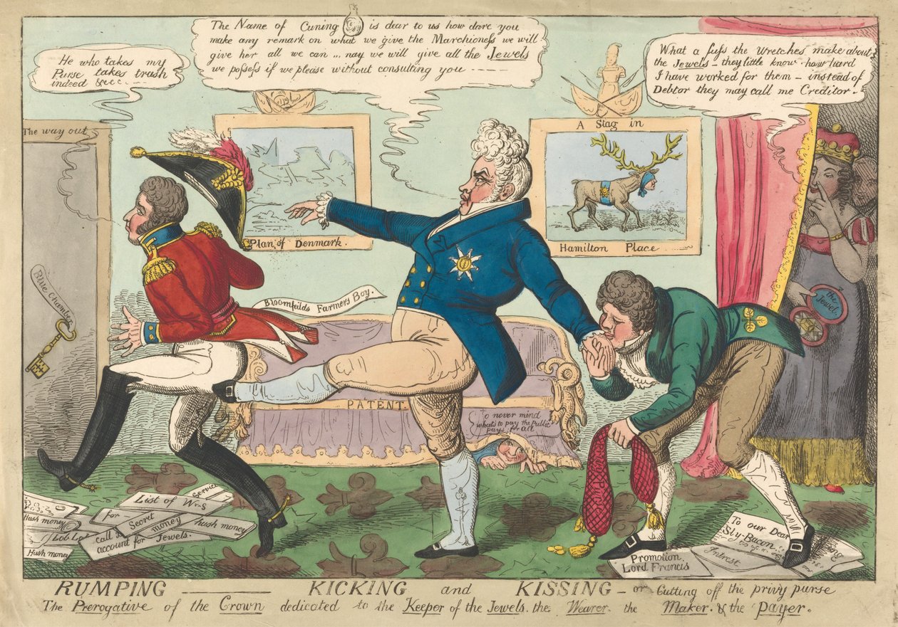 Rumping - Kicking and Kissing - oder - Abschneiden der Privy Purse door George Cruikshank