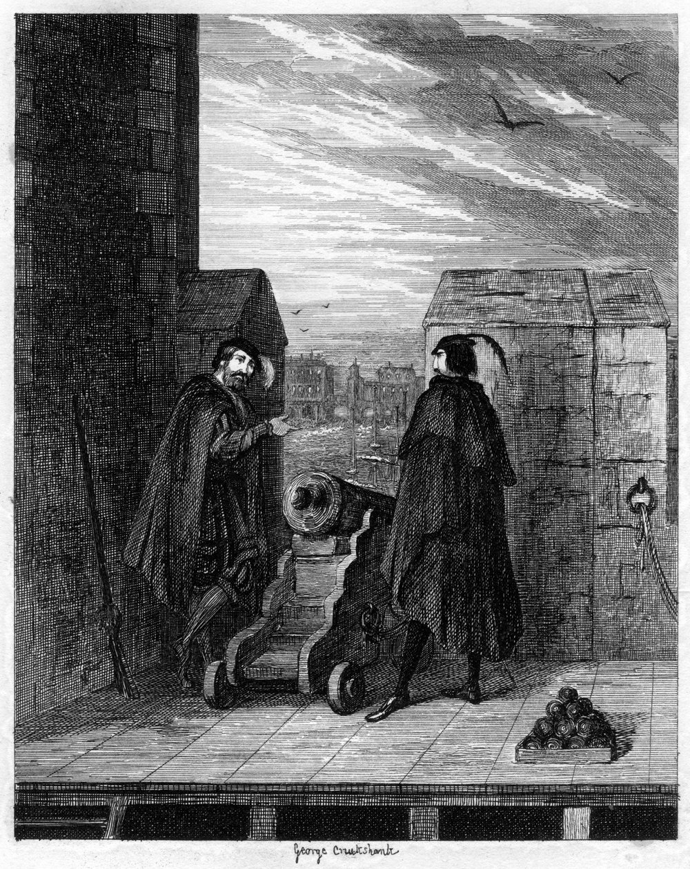 Simon Renard en Winwike de bewaker op het dak van de Witte Toren, 1553 1840 door George Cruikshank