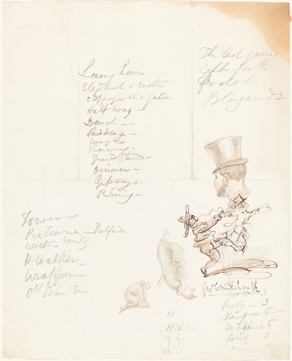 Schetsen van hoofd, arm en knielende figuur door George Cruikshank