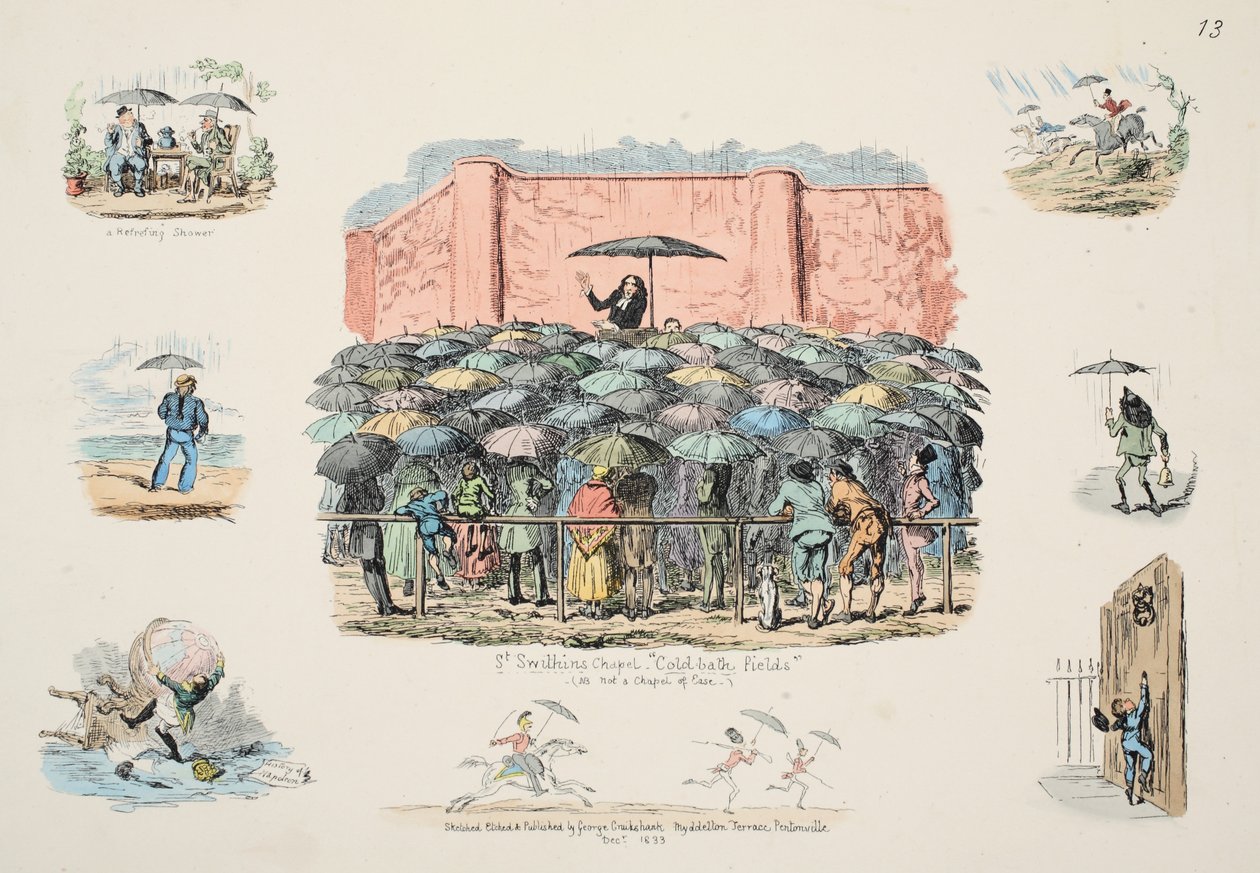 St. Swithuns Kapel Cold-bath velden, gepubliceerd 1833 door George Cruikshank