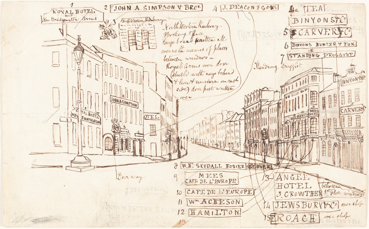 Straatperspectief met Bedrijfsnamen door George Cruikshank