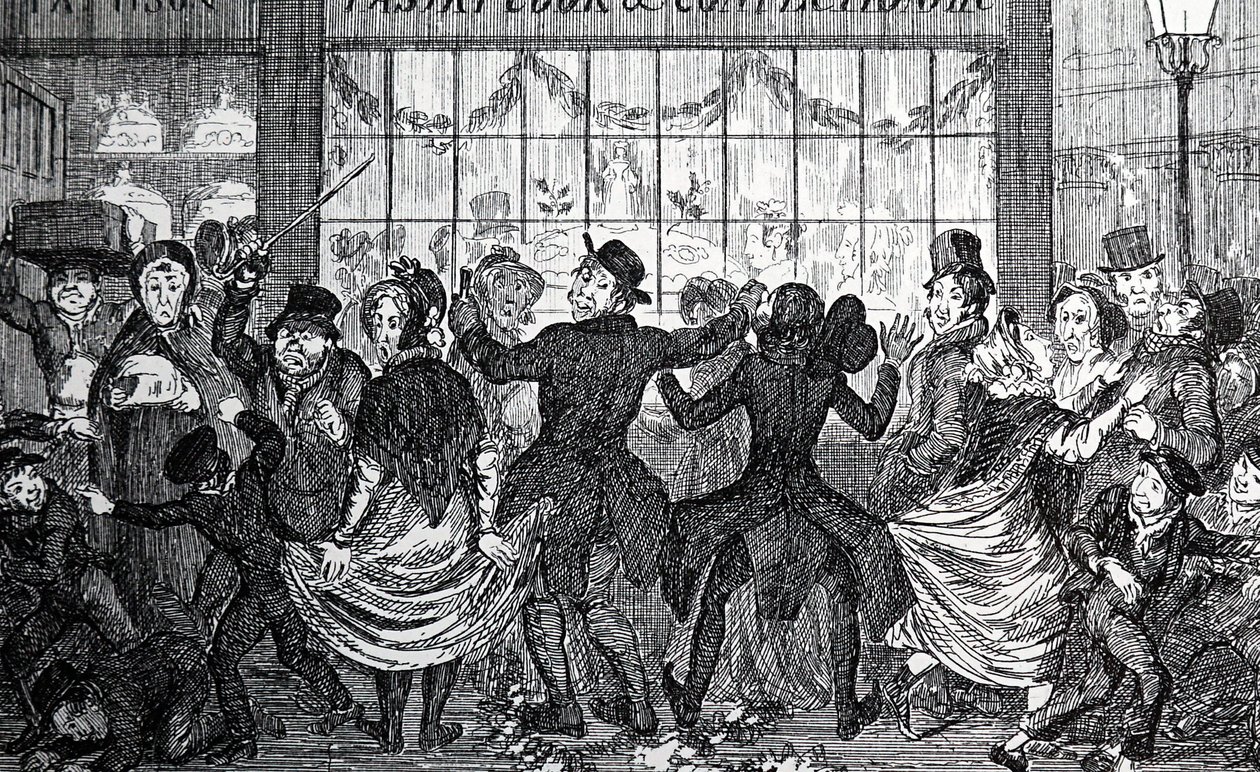 Straatjongens veroorzaken chaos in de menigte buiten een banketbakkerij op Driekoningenavond door George Cruikshank