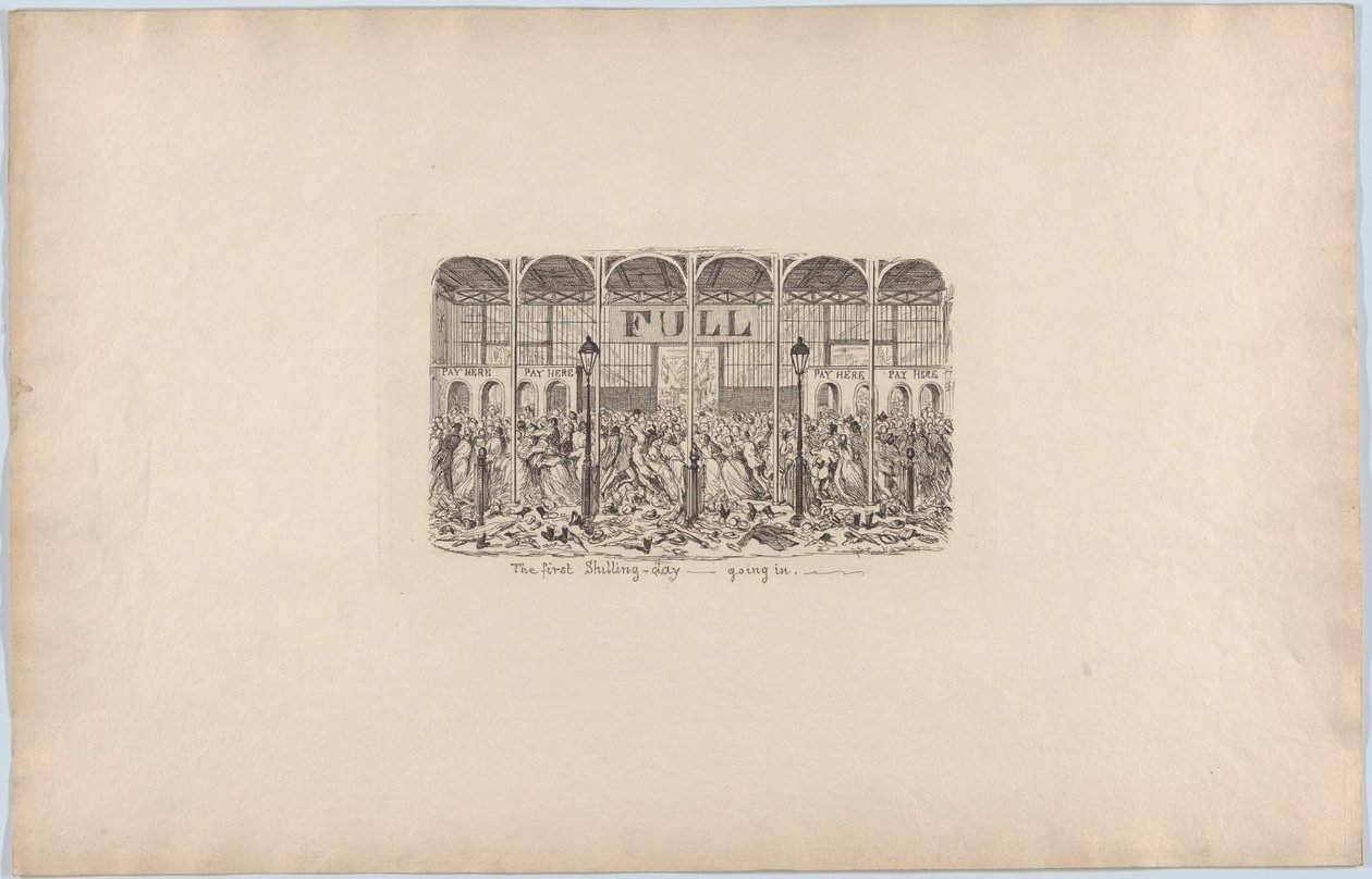 De eerste shillingdag - naar binnen gaan, 1851 door George Cruikshank