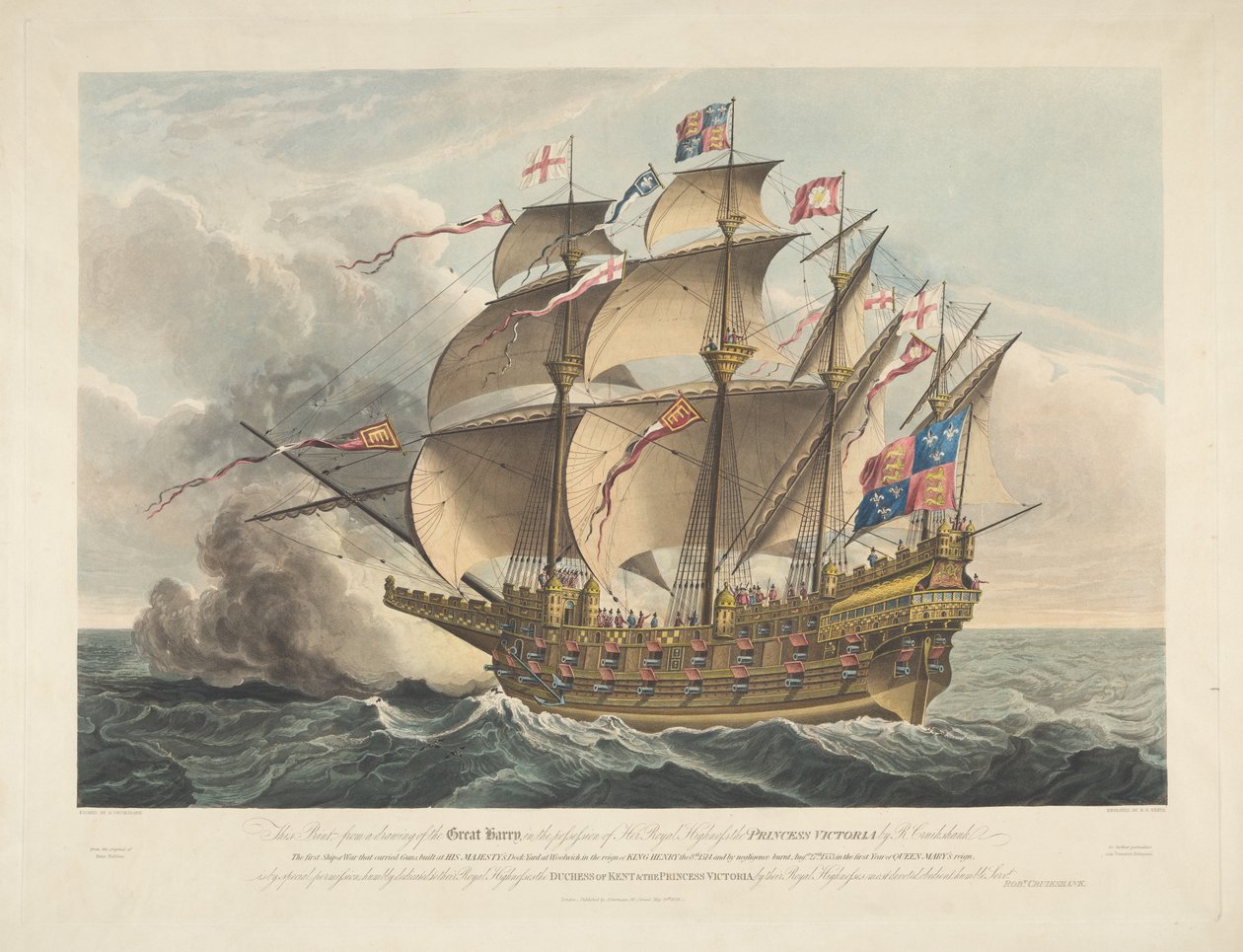 De Great Harry. Het eerste oorlogsschip dat kanonnen droeg door George Cruikshank