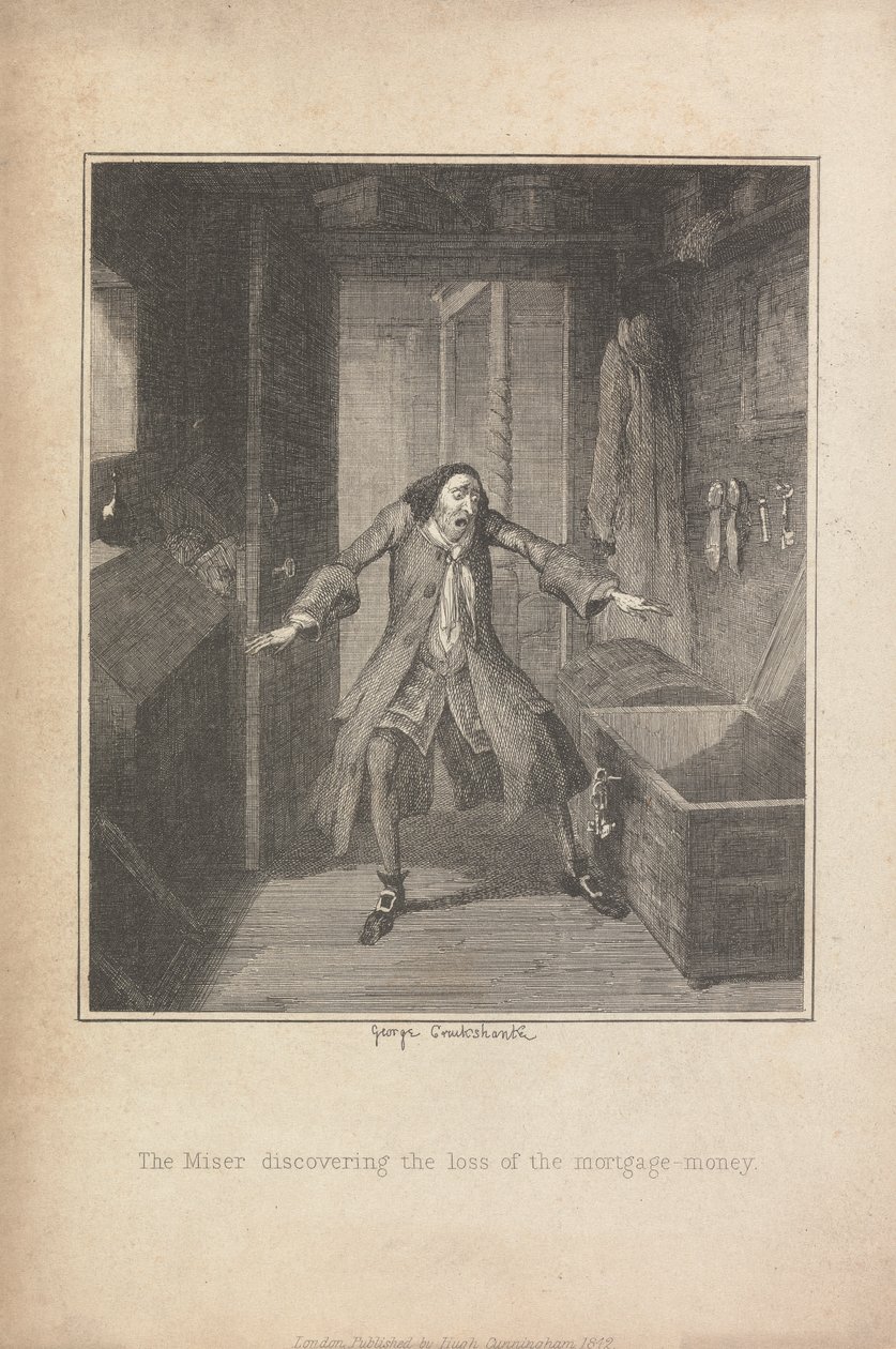 De vrek ontdekt het verlies van het hypotheekgeld door George Cruikshank