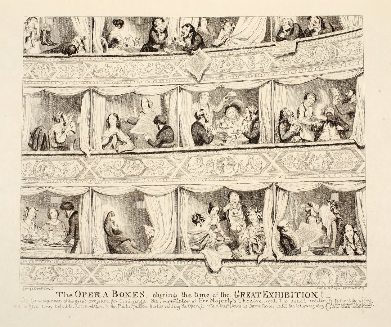De operaboxen tijdens de tijd van de Grote Tentoonstelling, gepubliceerd 1851 door George Cruikshank