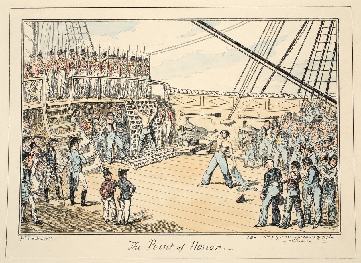 Het punt van eer, uit Greenwich Hospital, een serie maritieme schetsen, beschrijvend het leven van een matroos, uitgegeven 1825 door George Cruikshank