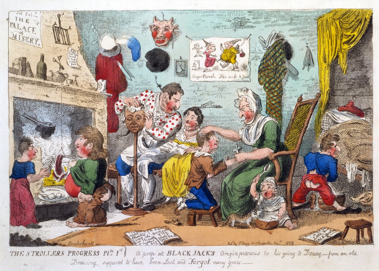 The Strollers Progress Plaat 1, een kijkje op Black Jacks oorsprong voorafgaand aan zijn vertrek naar Douay, uitgegeven 1809 door George Cruikshank