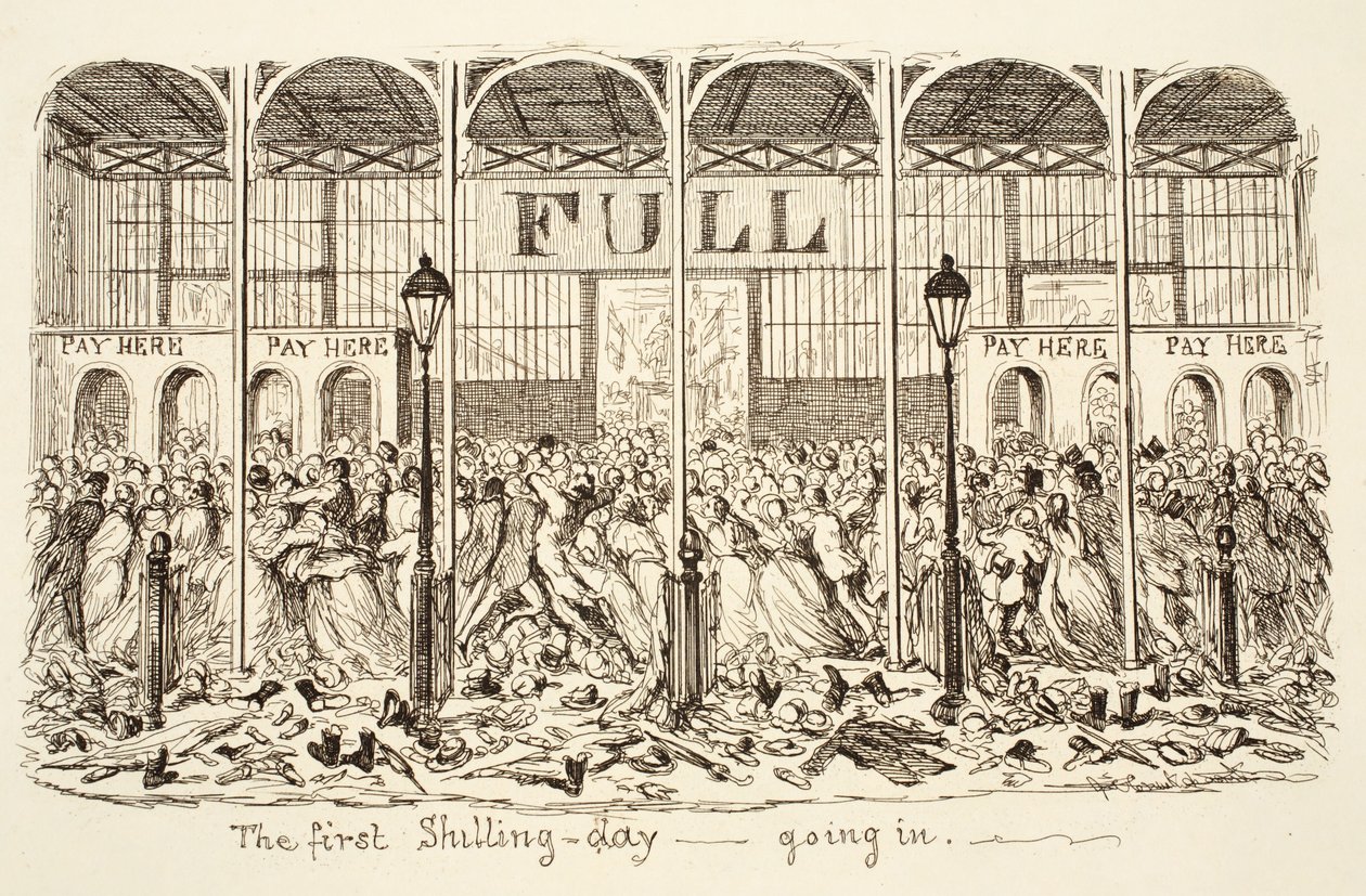 De eerste Shilling-dag - Binnenkomst, pub. 1851 (gravure) door George Cruikshank