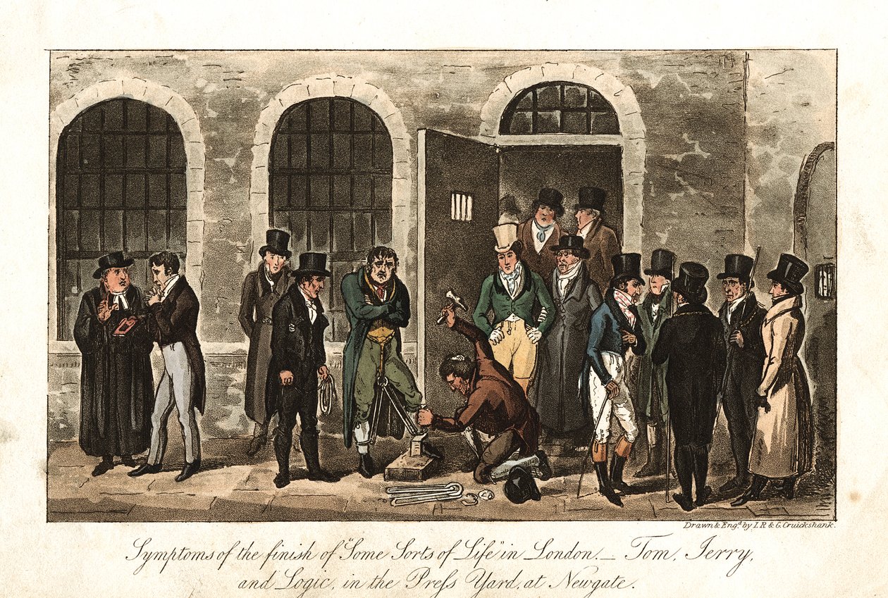 Tom, Jerry en Logic in de Perskamer, Newgate gevangenis, Londen, 1821 door George Cruikshank