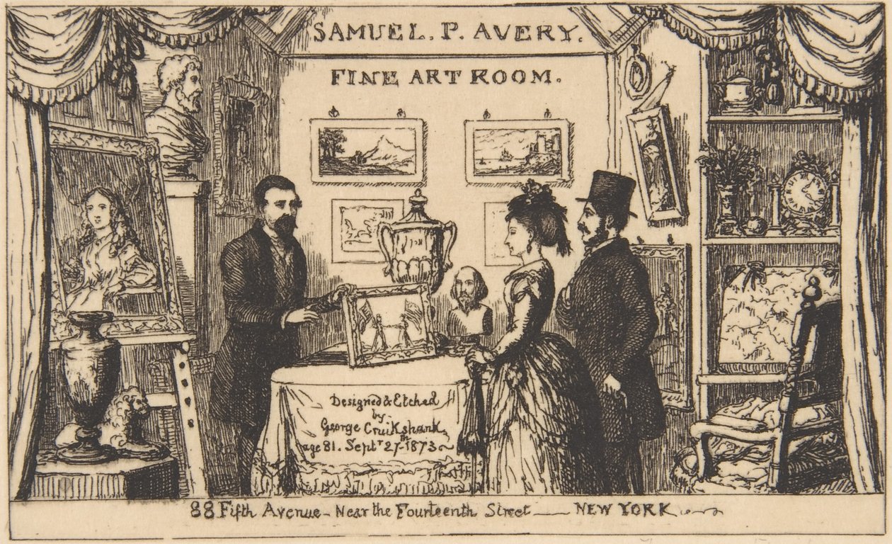 Reclamekaart voor Samuel P. Avery - Kunstzaal door George Cruikshank