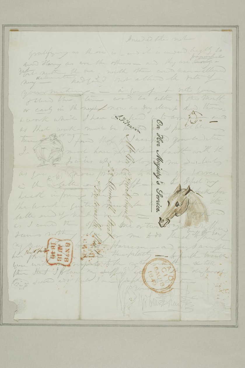 Zonder titel (brief Cruikshank met schetsen van paardenhoofd) door George Cruikshank