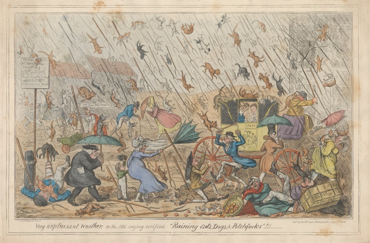 Zeer Onaangenaam Weer, of, het Oude Gezegde Bevestigd "Regenende Katten, Honden, & Hooivorken."!!! door George Cruikshank