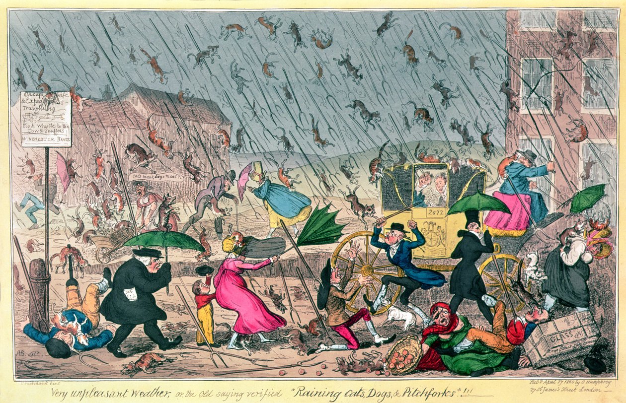 Zeer onaangenaam weer, of het oude gezegde bevestigd: het regent katten, honden en hooivorken!, pub. door G. Humphrey, 1820 door George Cruikshank