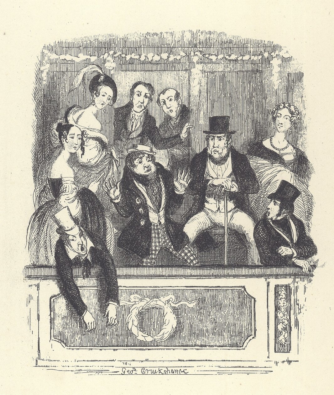 Victoriaanse theaterbezoekers dringen samen in een loge in een Londens theater (gravure) door George Cruikshank