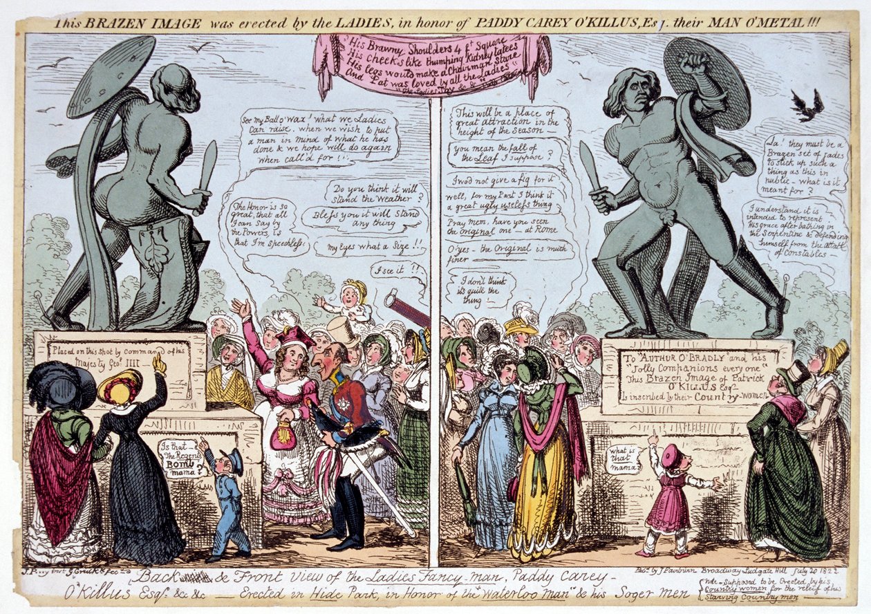 Vrouwen bewonderen het standbeeld van Achilles, Hyde Park, Londen, 1822 door George Cruikshank