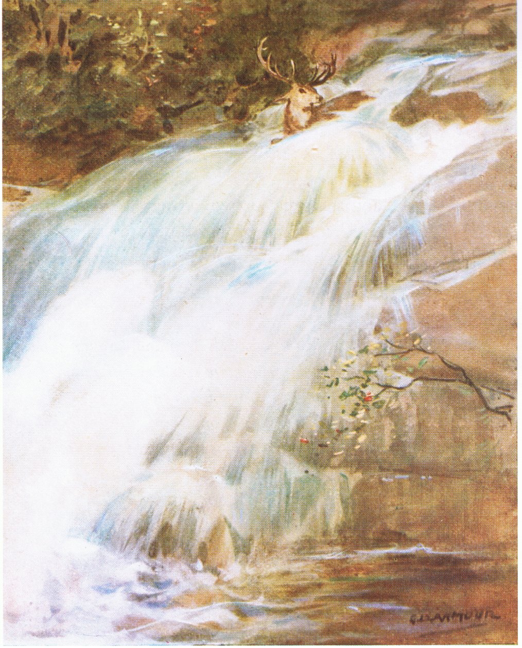 Zijn hoofd hoog in de lucht werpend in een laatste daad van verzet, dook hij in de waterval door George Denholm Armour